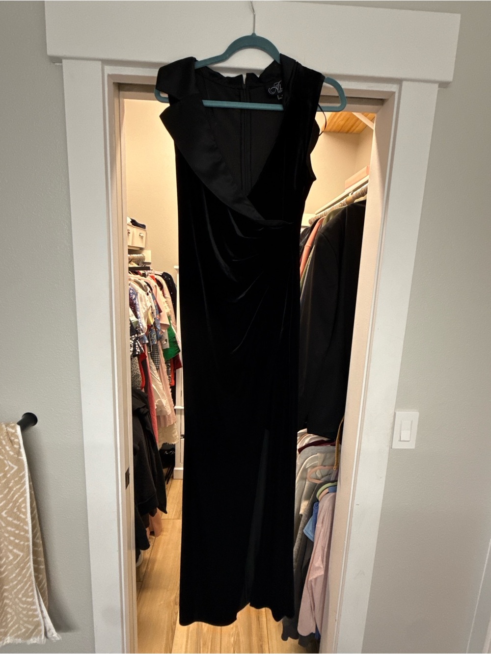 Alex Evenings Black Velvet Maxi Dress with Draped Shoulder